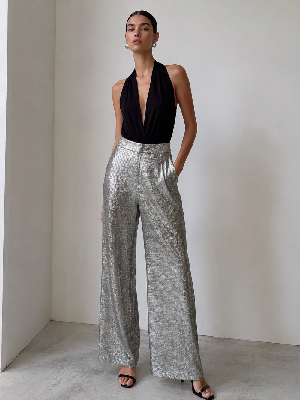 ✨Goodtime USA Silver Metallic Wide Leg Pants | Size L